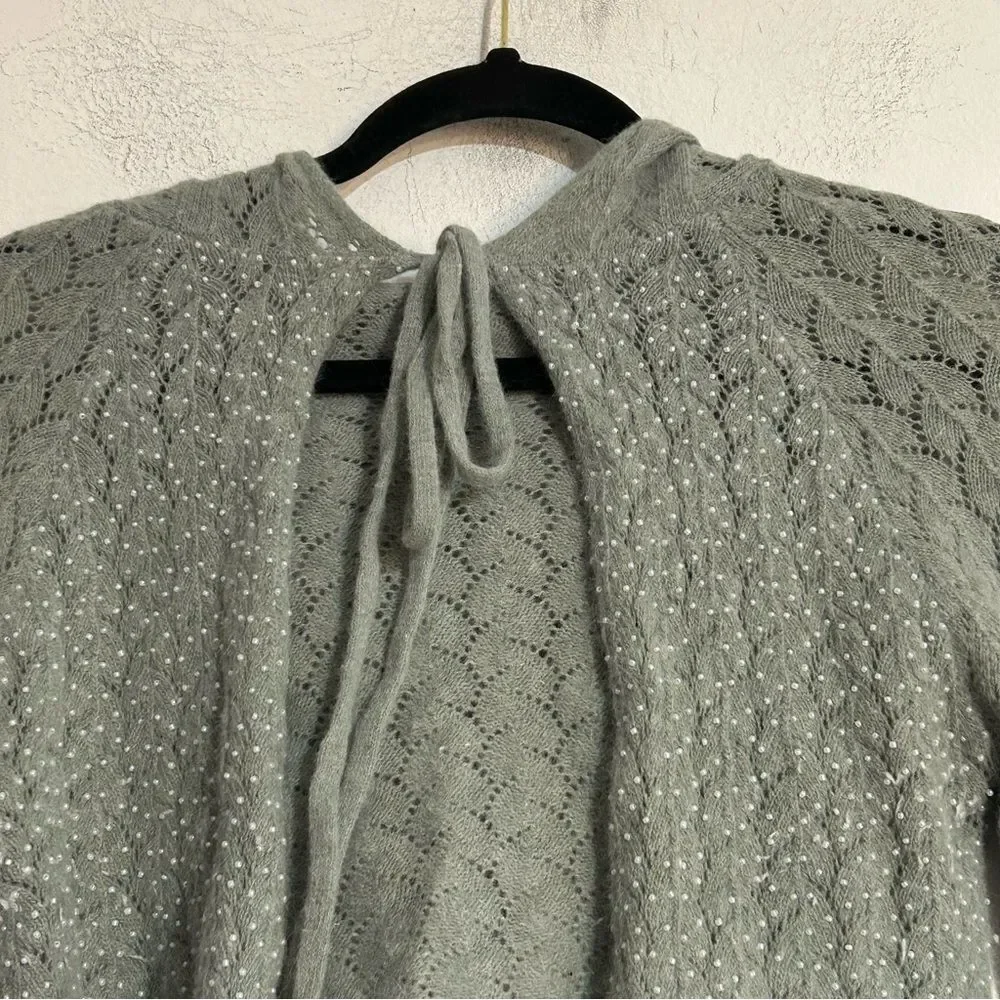 Free People Pearl Beaded Pointelle Cropped Tie Hooded Cardigan Fairy Whimsical